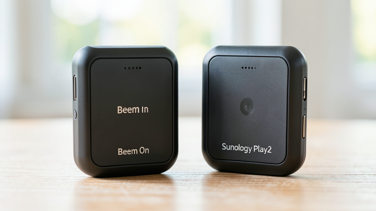 sunology ou beem comparatif technique détaillé entre le Beem On et le Sunology Play2 posés sur une surface en bois