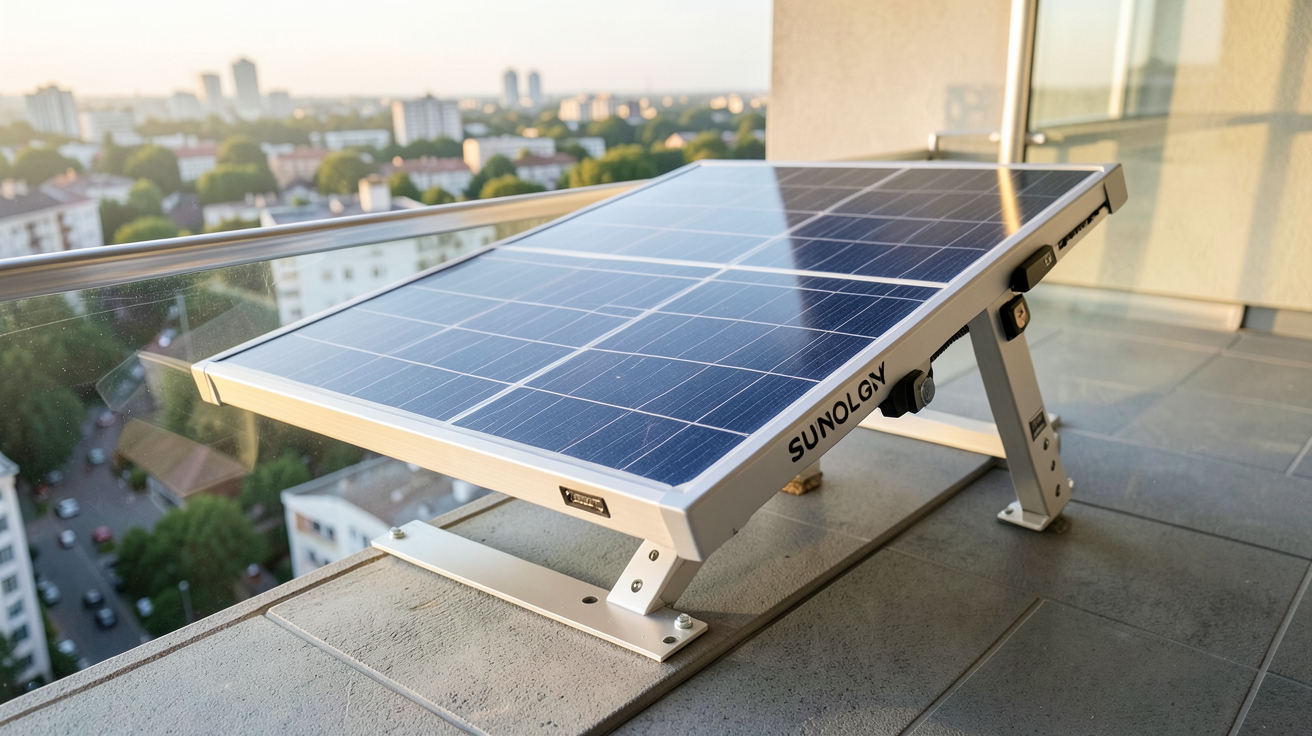 sunology panneau solaire en cours d'installation plug and play sur un balcon urbain