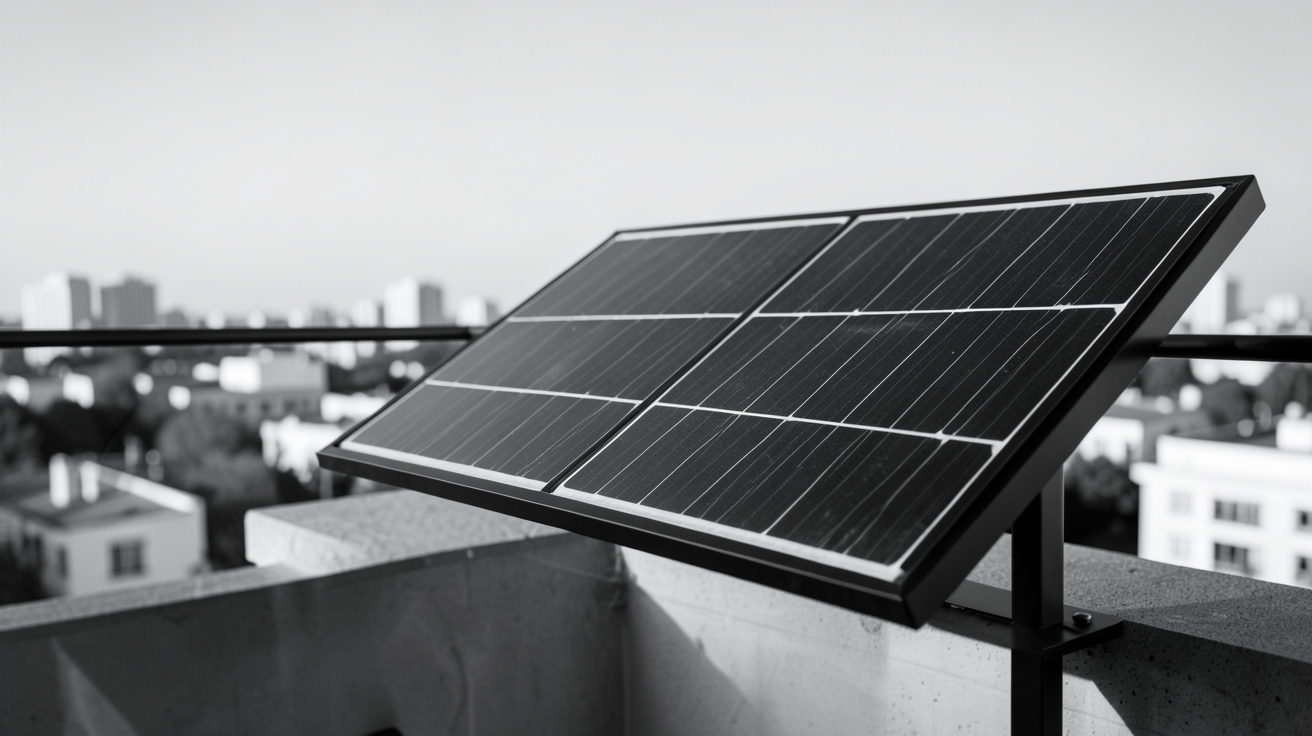 sunology ou beem : Sunology Play2, panneau solaire design noir et blanc installé sur un balcon urbain