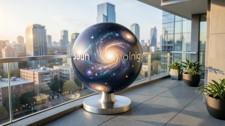 sunology solaire installé sur un balcon urbain avec vue sur une ville moderne
