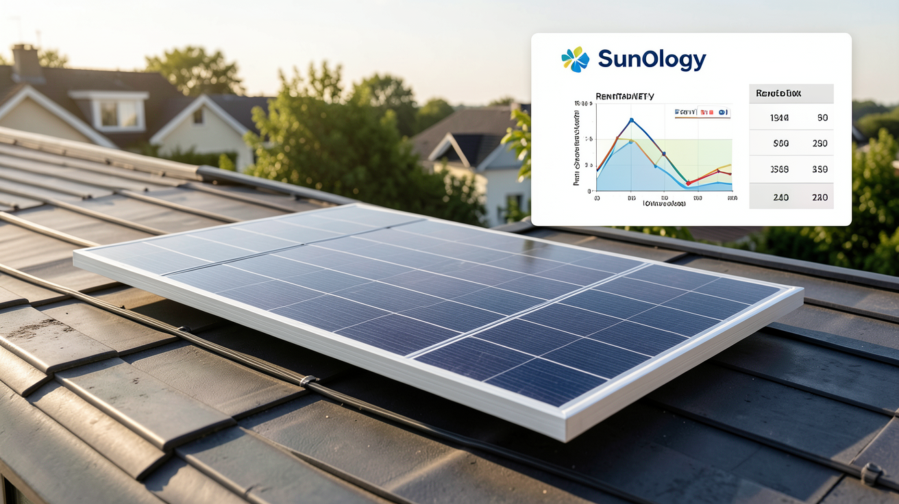 sunology solaire illustrant la rentabilité et le retour sur investissement avec un panneau installé sur un toit et des données financières