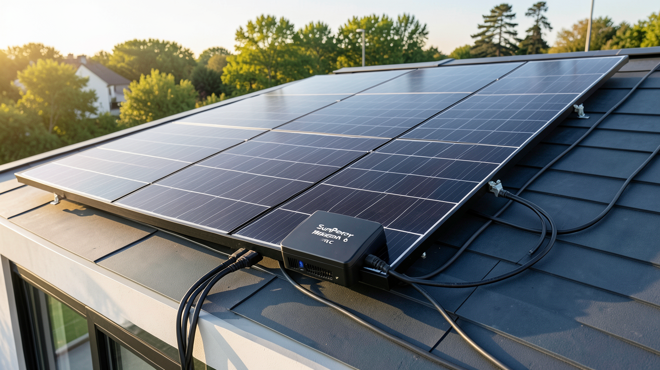 sunpower maxeon 6 ac prix : kit solaire complet installé sur toit de maison moderne avec panneaux Maxeon 6 et onduleur AC