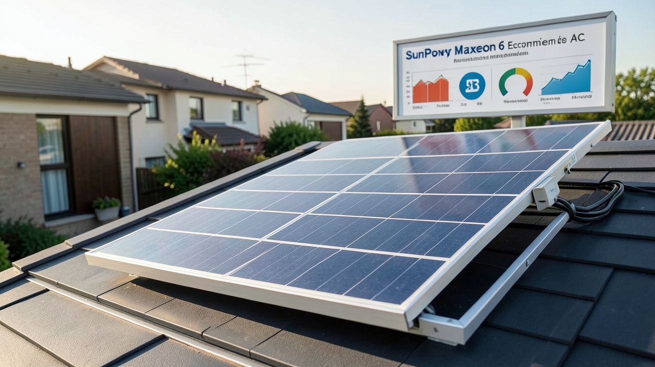 panneau solaire SunPower Maxeon 6 AC installé sur un toit avec compteur électrique et graphiques de retour sur investissement