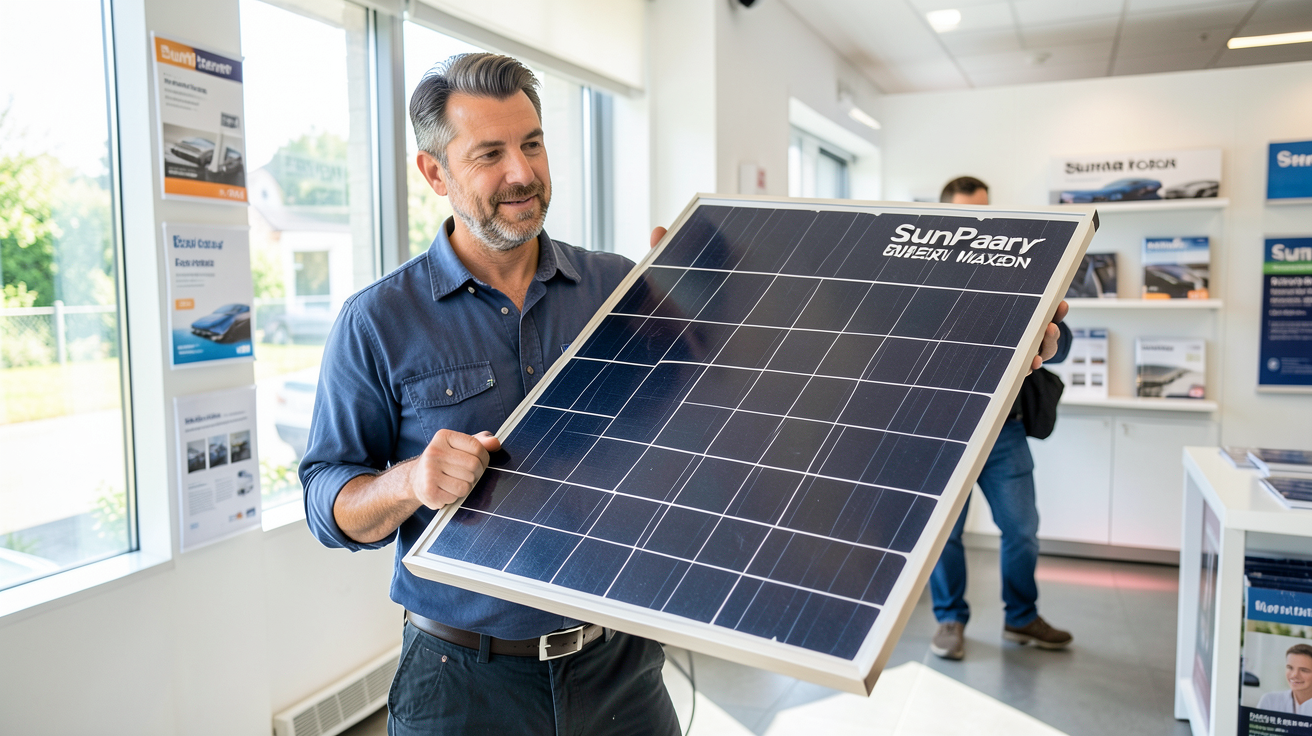 sunpower Maxeon prix affichés dans un showroom français avec un installateur professionnel
