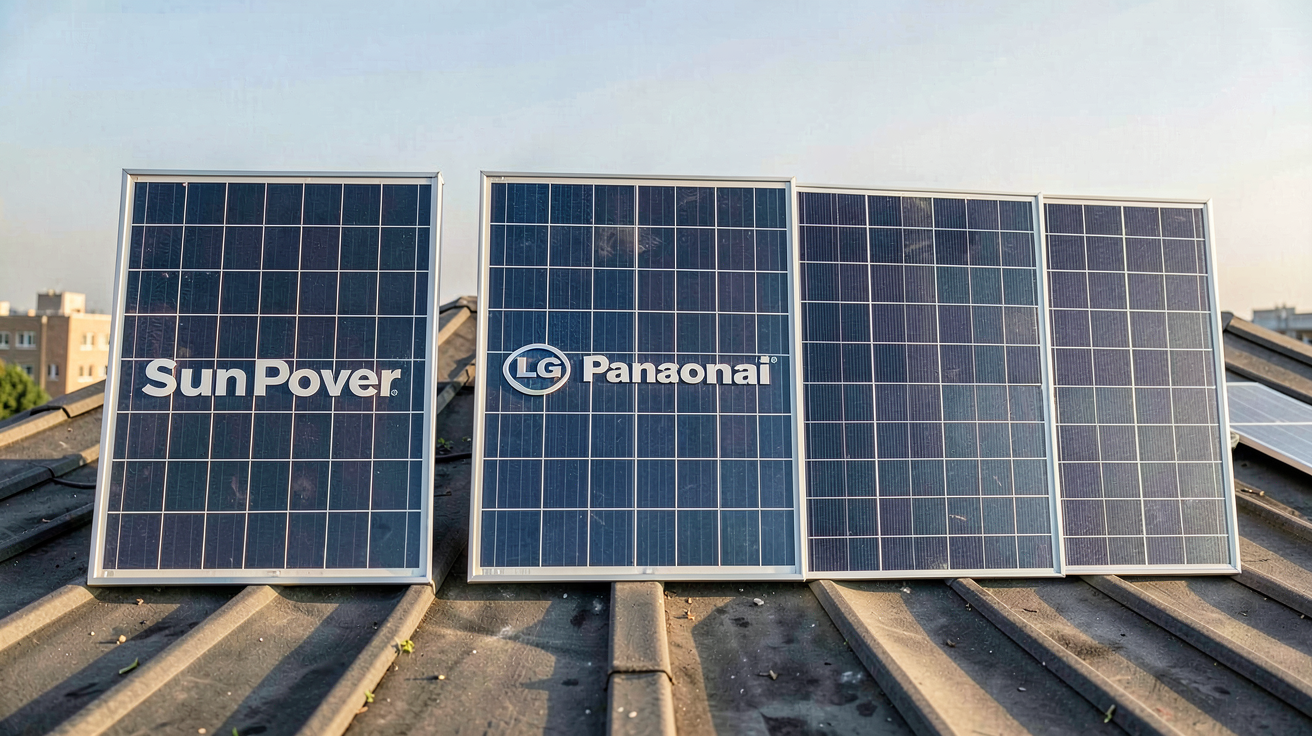 sunpower panneau photovoltaïque comparé à des panneaux LG, Panasonic et chinois sur un toit ensoleillé