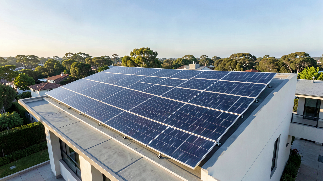 panneau photovoltaïque SunPower installé sur le toit d'une maison moderne avec vue aérienne