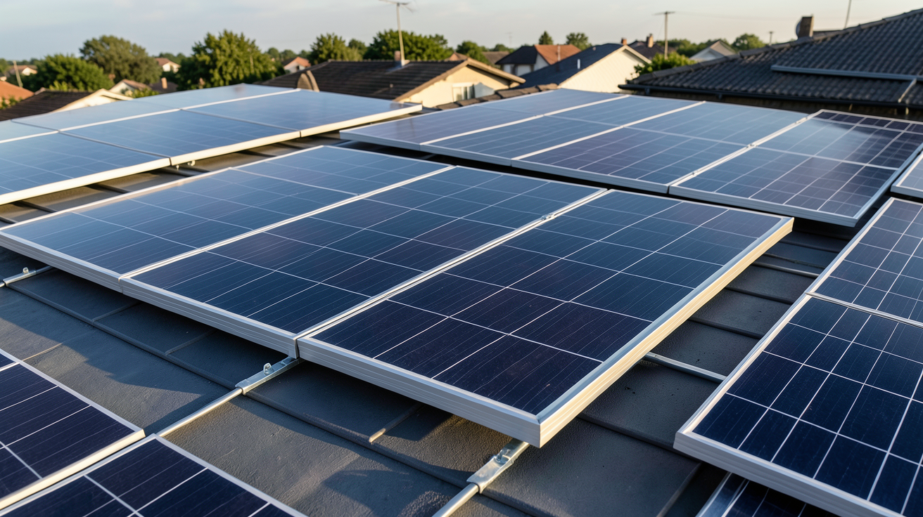 sunpower panneau solaire prix : comparatif des panneaux haut de gamme SunPower, LG, Panasonic et REC posés sur un toit résidentiel