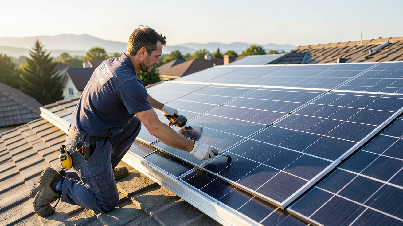 sunpower panneaux en cours d'installation par un technicien sur un toit résidentiel