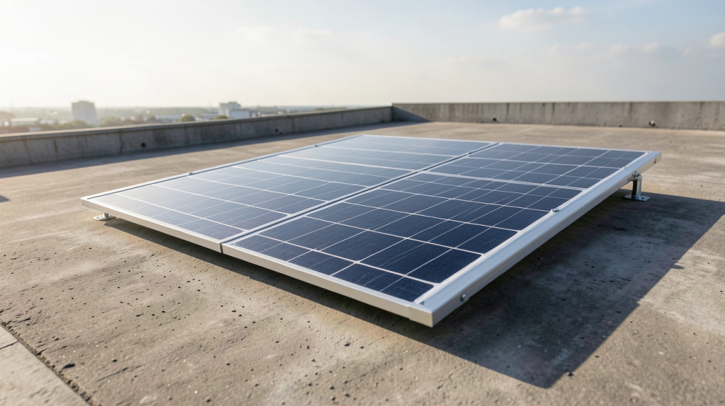 sunslice fusion flex 12 panneau solaire flexible installé sur un toit plat en béton