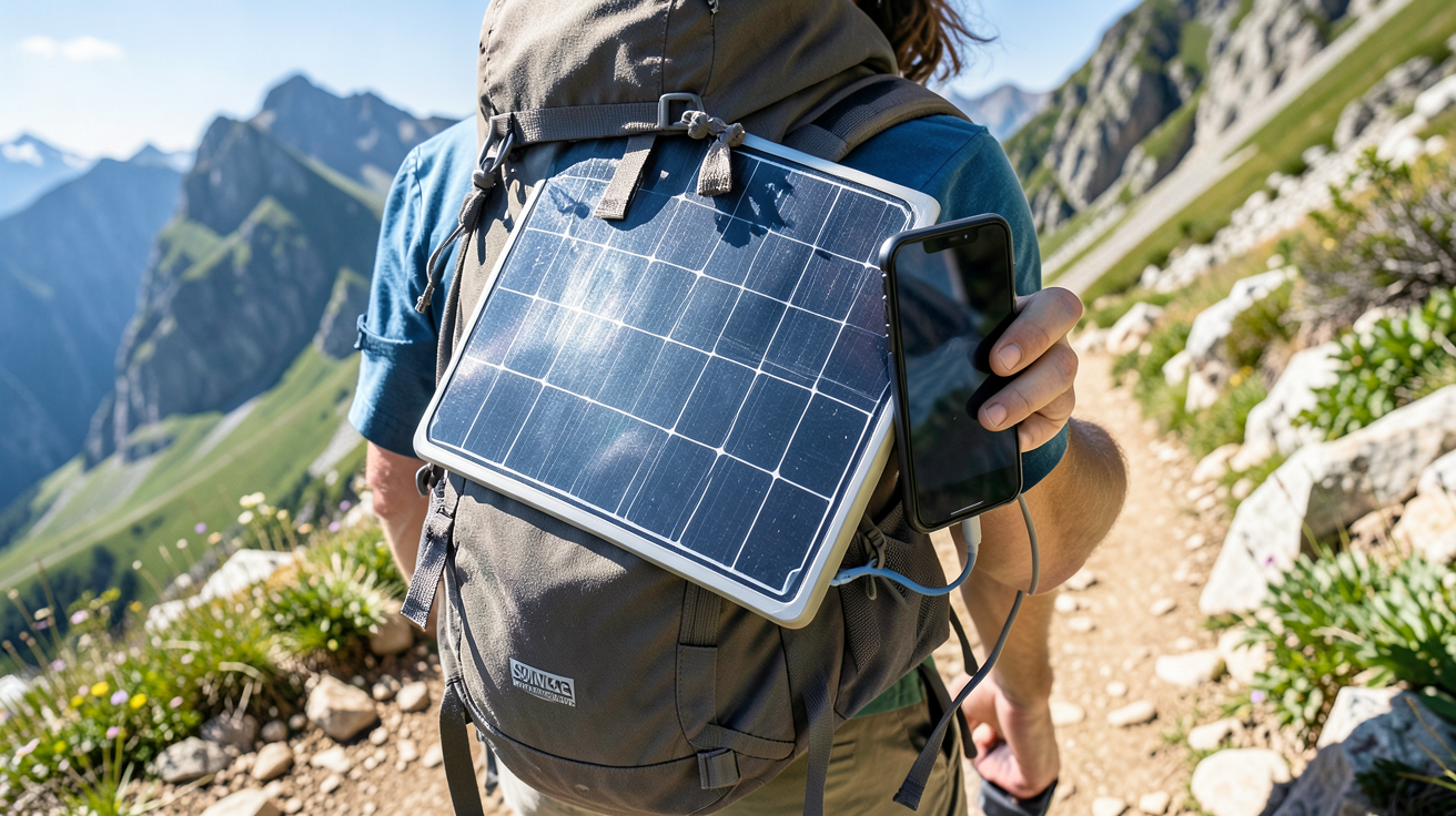 sunslice fusion flex 12 utilisé en conditions de randonnée pour charger un appareil électronique en montagne.