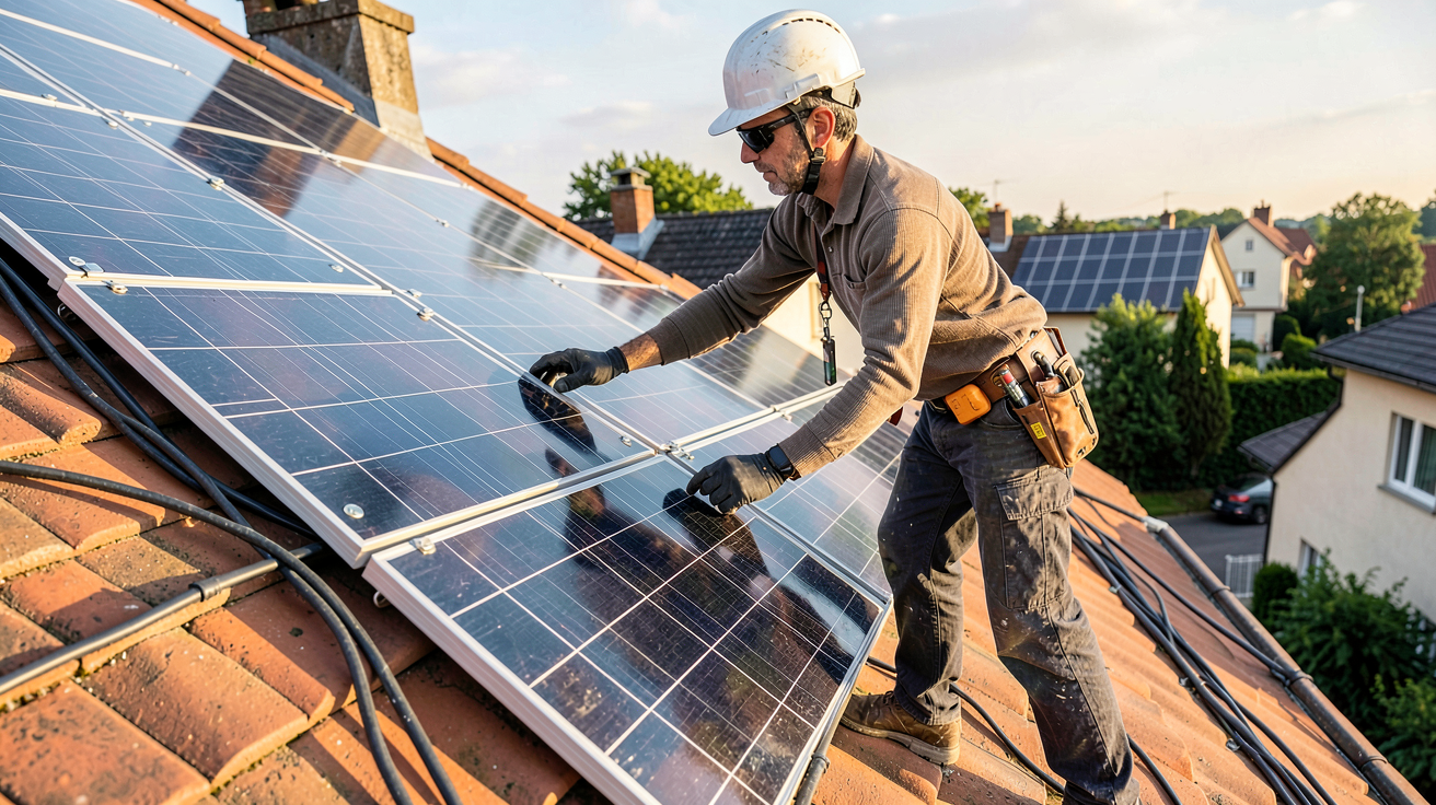 surimposition panneau solaire : installateur professionnel fixant des panneaux solaires sur une toiture inclinée en tuiles