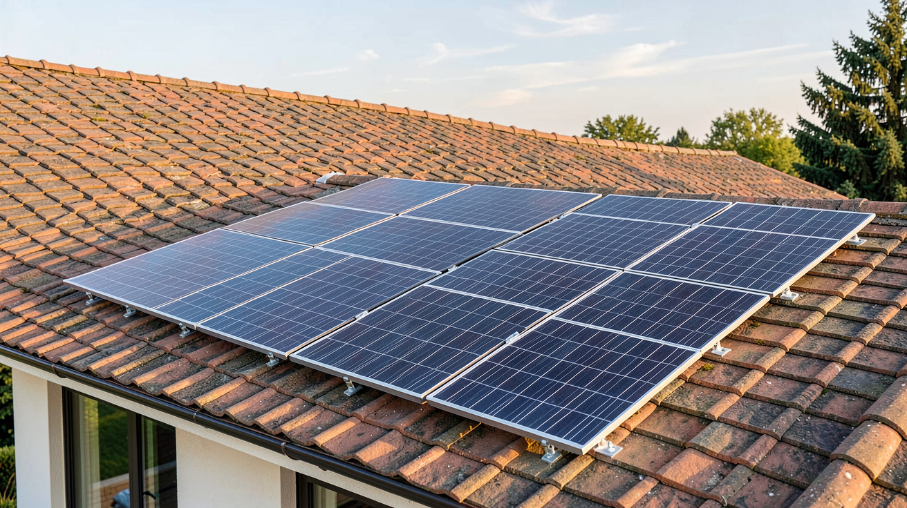 surimposition panneau solaire installée sur le toit d'une maison contemporaine
