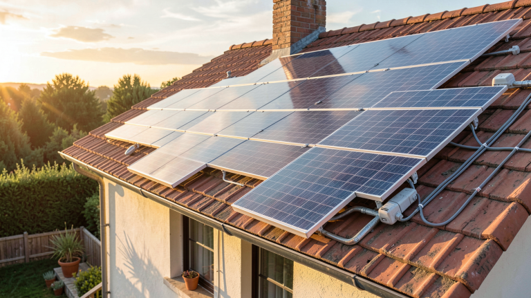 surimposition de panneaux solaires installés sur une toiture en tuiles rouges d'une maison individuelle