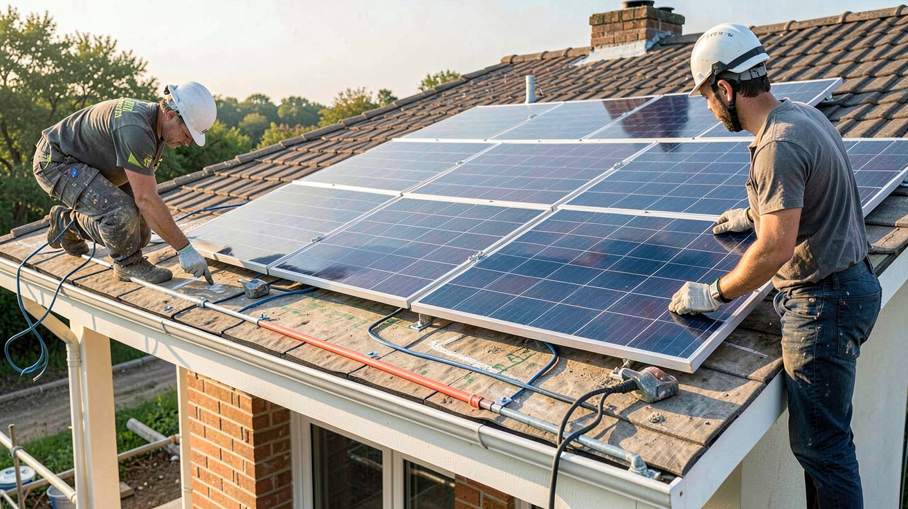 surimposition photovoltaïque montrant les étapes clés d'installation des panneaux avec calepinage et techniciens en action