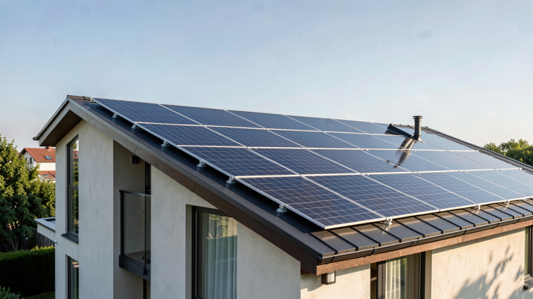 surimposition photovoltaïque installée sur le toit d'une maison contemporaine avec panneaux solaires noirs brillants et alignés