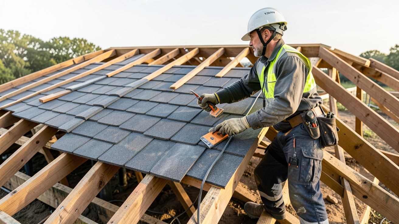surimposition toiture : étapes détaillées d'installation avec un professionnel posant une nouvelle couche de tuiles sur charpente en bois