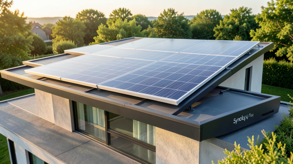 synology play panneau solaire installé sur le toit d'une maison écologique moderne