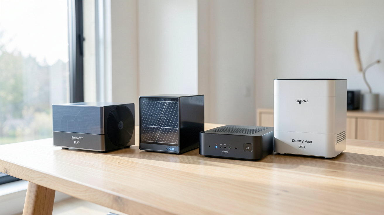 synology solaire différents modèles (PLAY, GO!, PLAYMax, Storey, Vault) disposés sur une table en bois clair