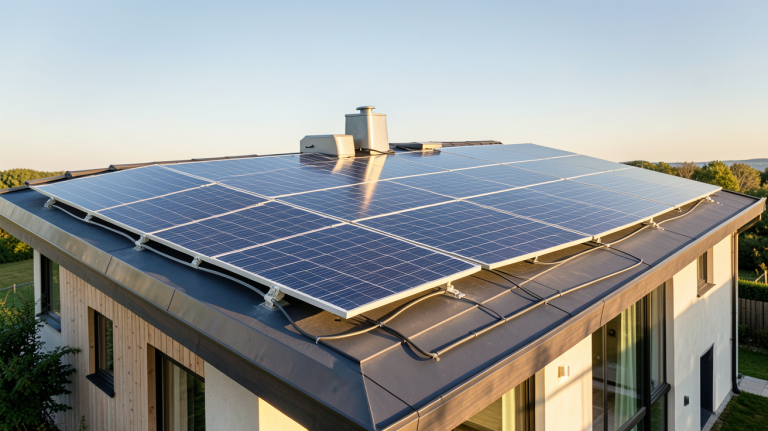 synology solaire installé sur le toit d'une maison écologique avec panneaux photovoltaïques