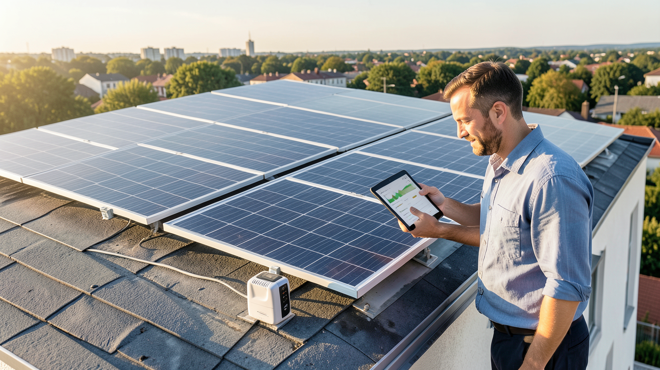 système hybride photovoltaïque installé sur le toit d'une maison avec calcul de rentabilité à l'aide d'une tablette