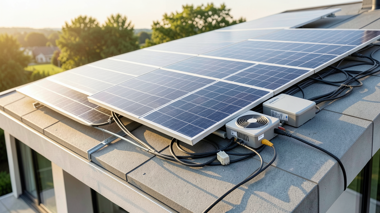 système hybride photovoltaïque installé sur le toit d'une maison moderne avec panneaux solaires et onduleur hybride