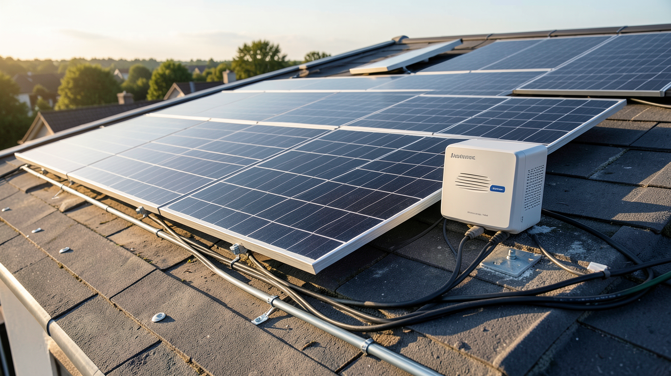 système hybride photovoltaïque en cours d'installation sur un toit résidentiel avec panneaux solaires et onduleur hybride