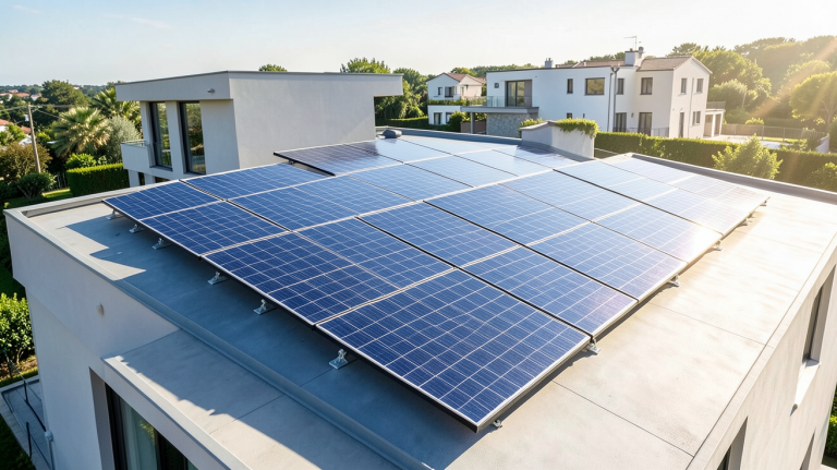système hybride photovoltaïque installé sur le toit d'une résidence moderne sous un ciel bleu