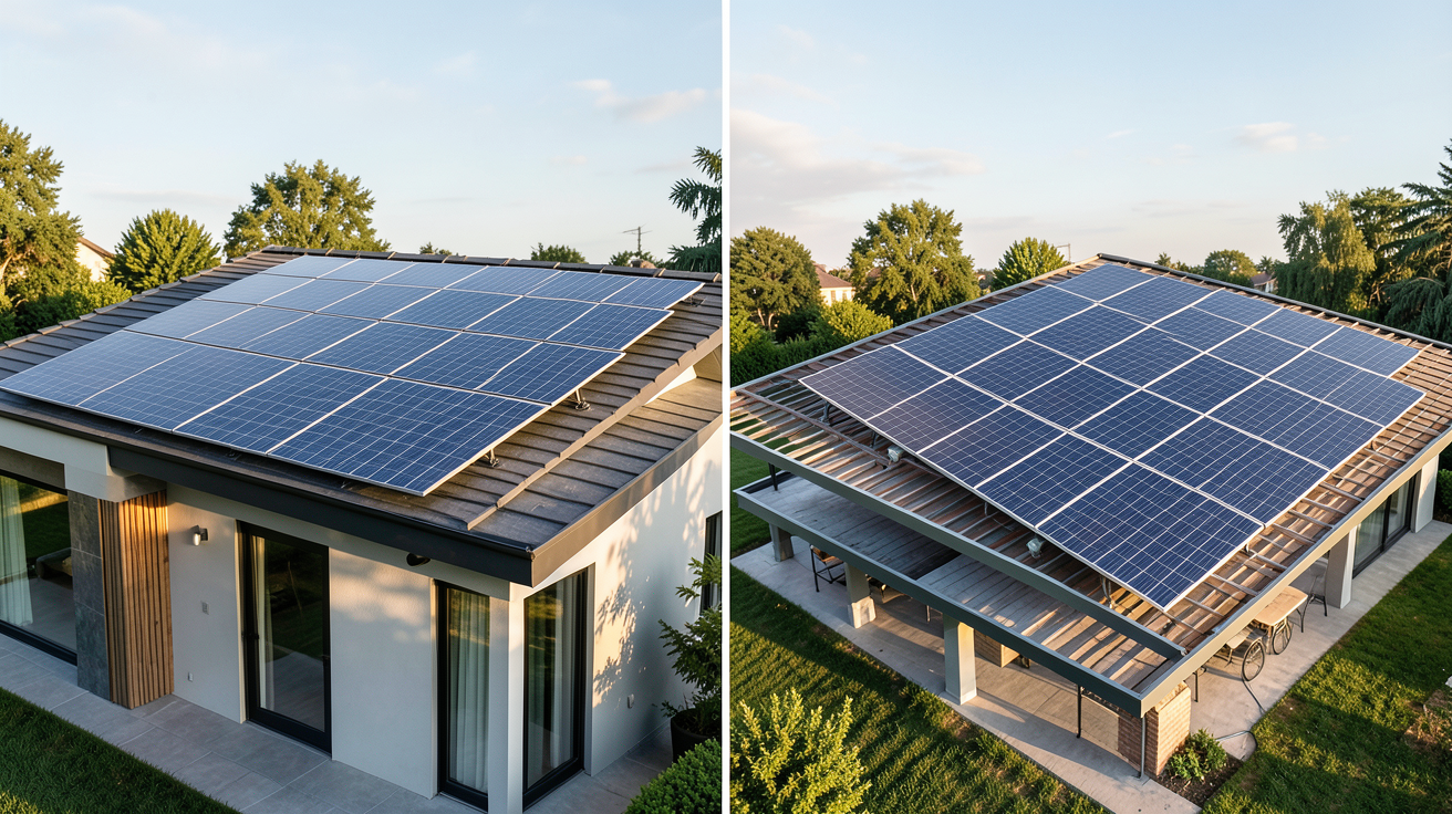 système d'intégration panneaux photovoltaïques comparatif entre intégration au bâti (IAB) et intégration simplifiée (ISB) sur une maison moderne