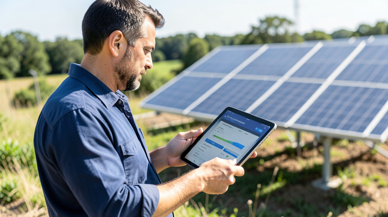 systeme panneau solaire autonome en cours de dimensionnement par un expert avec une tablette