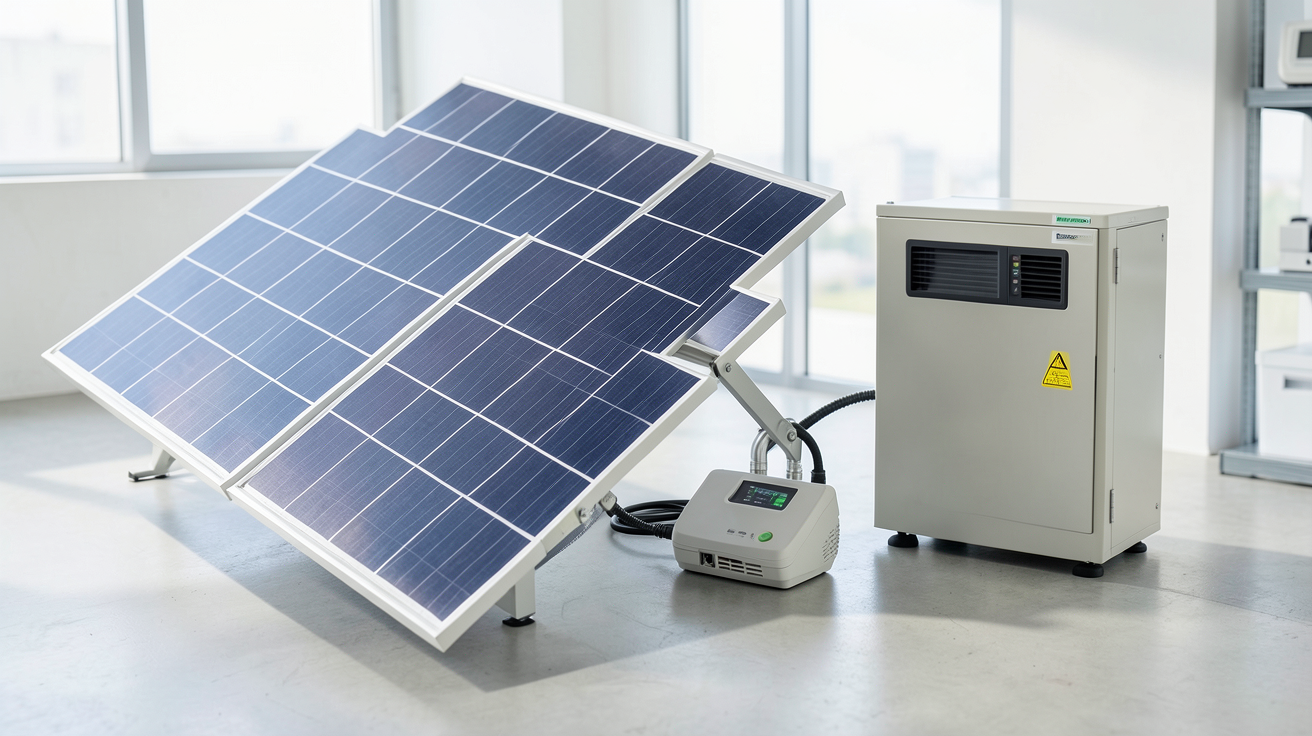 systeme panneau solaire autonome montrant les panneaux photovoltaïques et les batteries de stockage