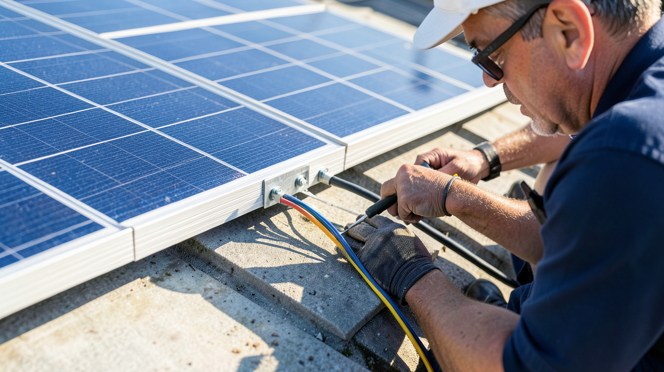 systeme panneau solaire autonome en cours d'installation et de fixation sur un toit par un professionnel