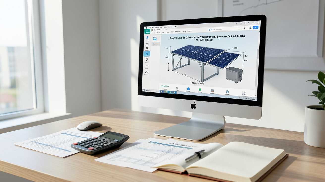système panneau solaire batterie avec calcul de dimensionnement de puissance PV et capacité de batterie sur un bureau moderne
