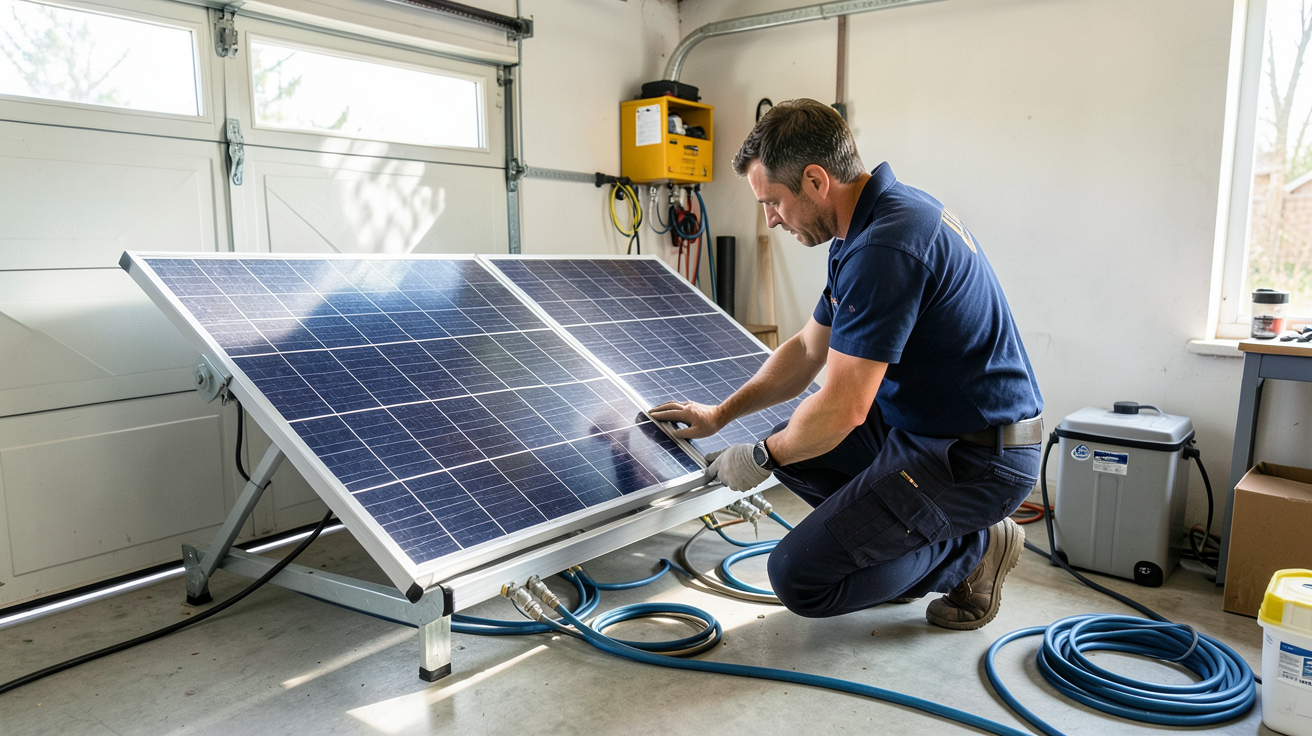 système panneau solaire batterie lors des étapes d'installation par un technicien dans un garage résidentiel