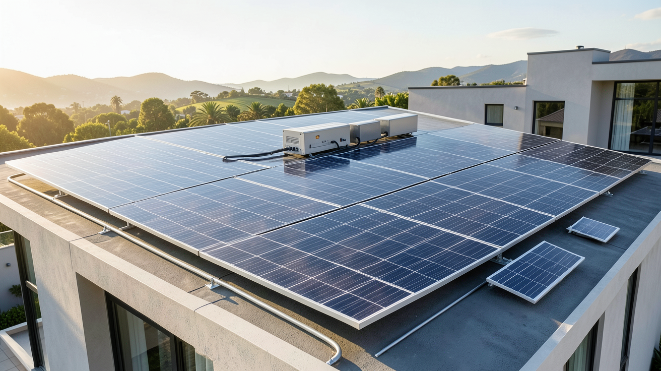 système panneau solaire batterie de stockage installé sur le toit d'une maison moderne