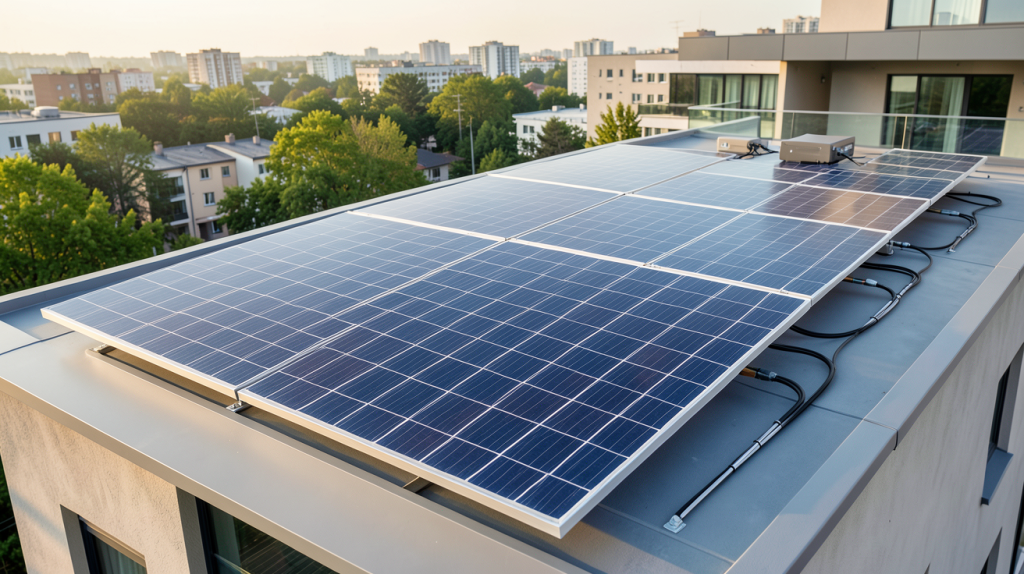 système panneau solaire batterie installé sur le toit d'une maison urbaine moderne
