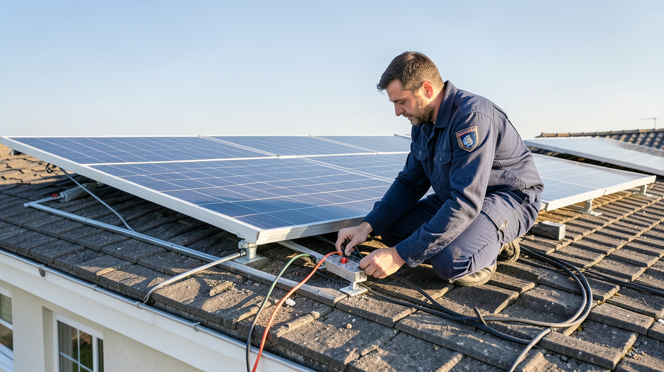 système panneaux solaire en cours de dimensionnement sur le toit d'une maison avec un technicien en action