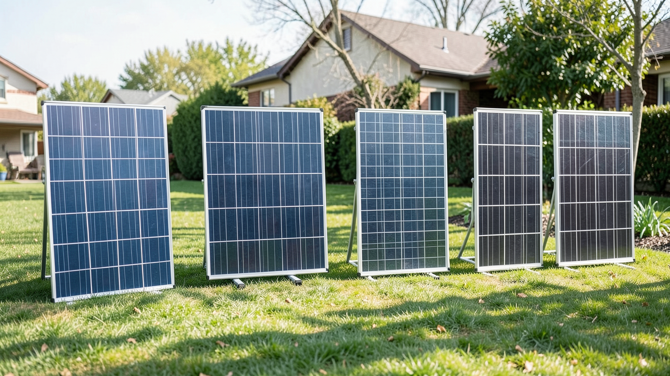 système panneaux solaire présentant quatre types d'installations : monocristallin, polycristallin, couches minces et bifacial