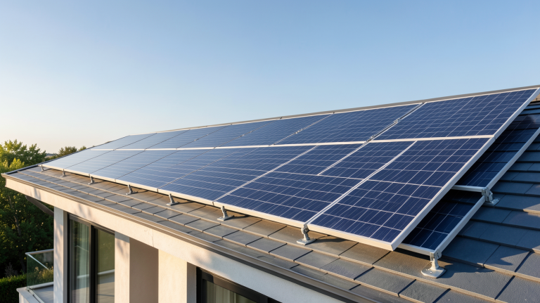 système panneaux solaire installé sur le toit d'une maison moderne avec ciel bleu et lumière naturelle