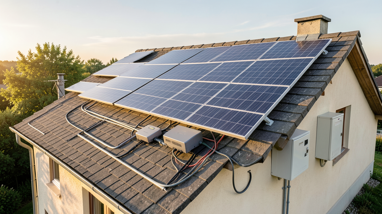 système photovoltaïque autonome en cours de dimensionnement sur un toit de maison individuelle avec panneaux solaires, onduleur et batteries
