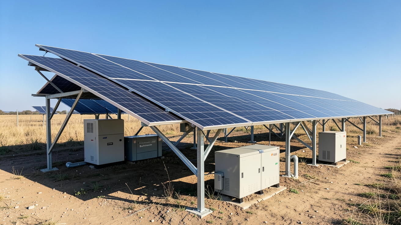 système photovoltaïque autonome installé en zone rurale isolée avec panneaux solaires, onduleur et batteries