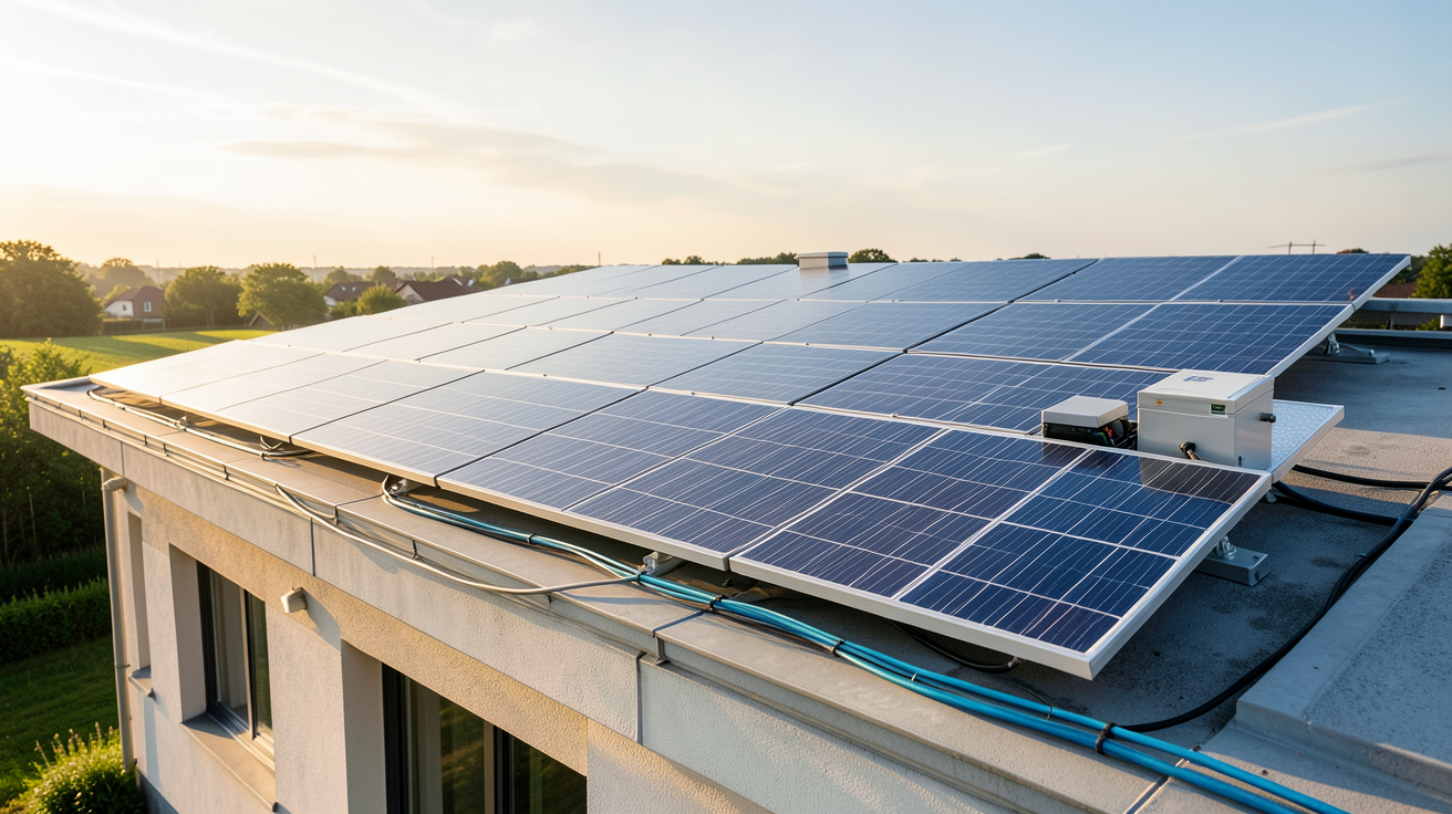 système photovoltaïque autonome avec panneaux solaires et batteries de stockage sur un toit isolé