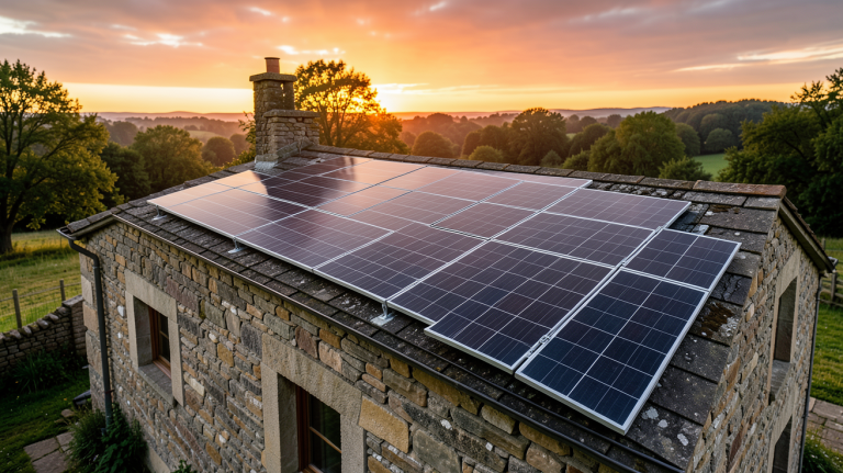 système photovoltaïque autonome installé sur le toit d'une maison rurale en pierre