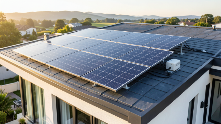 système photovoltaïque avec batterie installé sur le toit d'une maison moderne