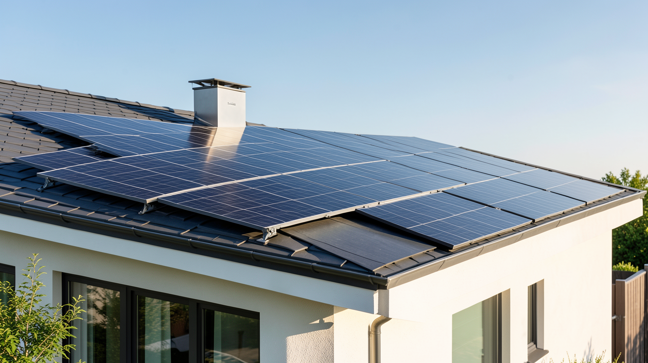 système photovoltaïque avec batterie installé sur le toit d'une maison contemporaine moderne