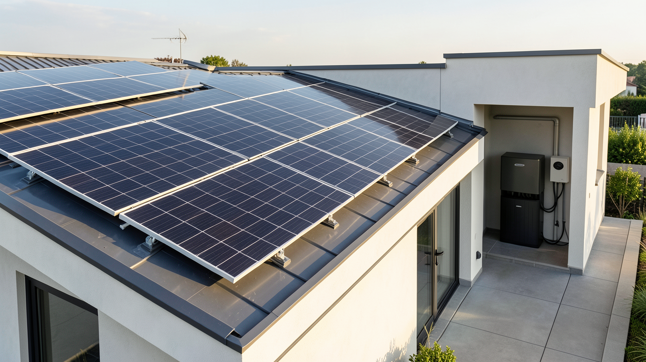 système photovoltaïque avec batterie installé sur le toit d'une maison moderne avec panneaux solaires et unité de stockage