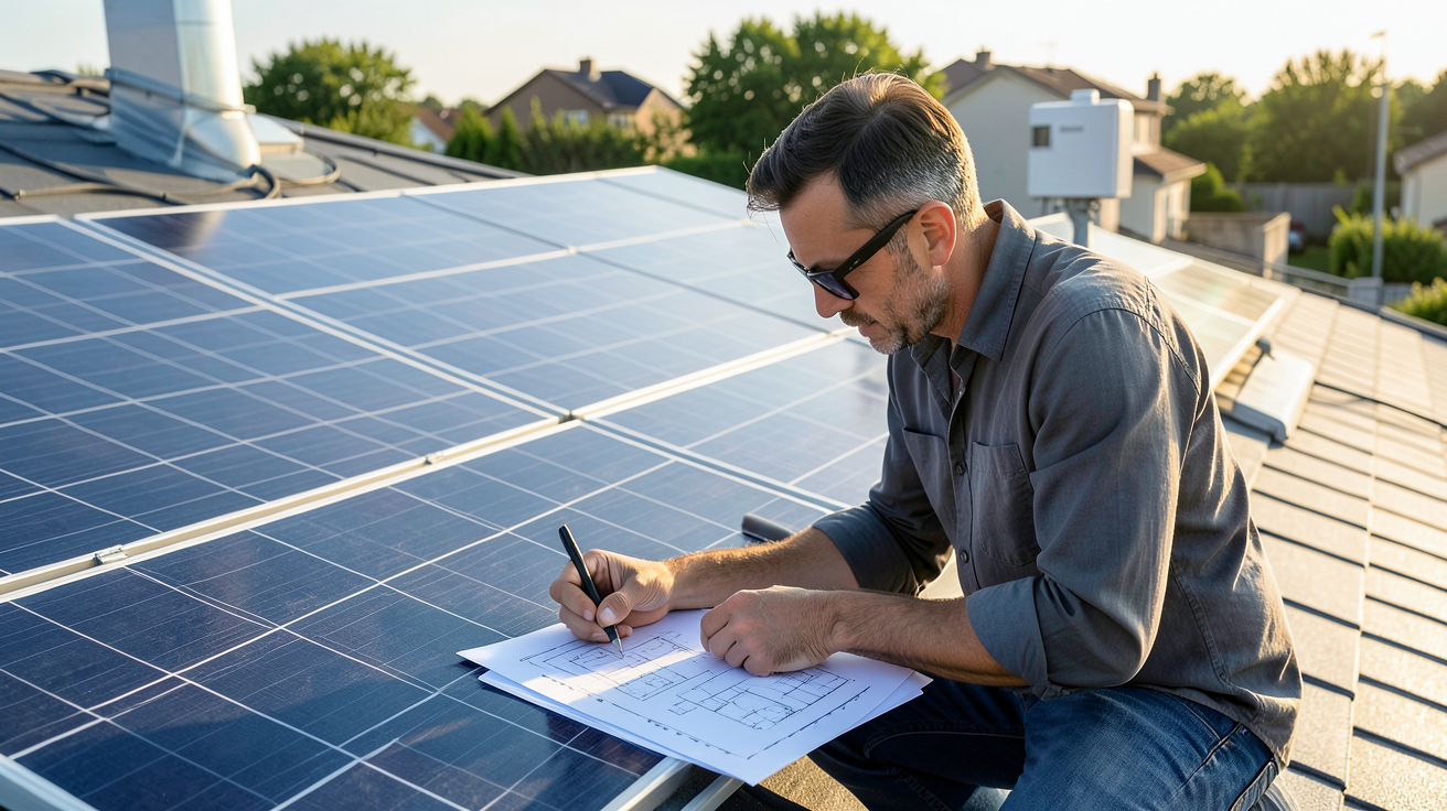 système photovoltaïque : installateur calculant la puissance et la taille d'une installation sur un toit de maison