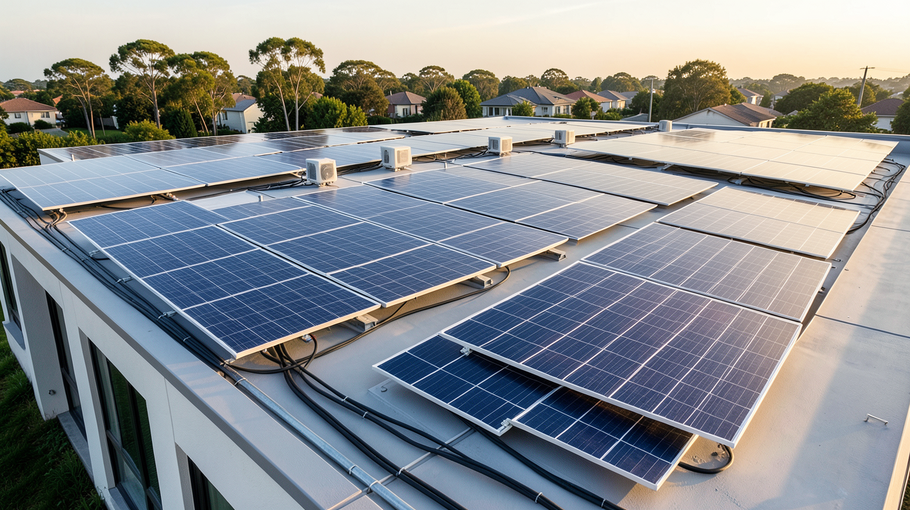système photovoltaïque montrant différents types de panneaux solaires sur un toit de maison moderne