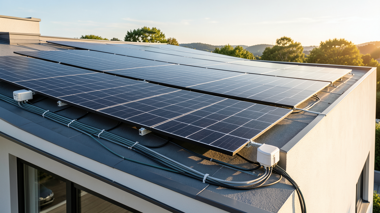 système photovoltaïque hybride installé sur le toit d'une maison moderne avec panneaux solaires et onduleurs