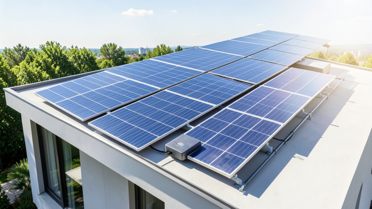 système photovoltaïque hybride installé sur le toit d'une résidence moderne avec stockage d'énergie