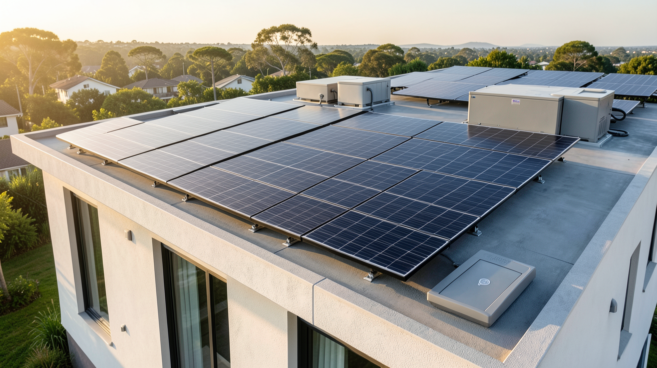 système photovoltaïque hybride installé sur le toit d'une maison moderne avec panneaux solaires et stockage d'énergie